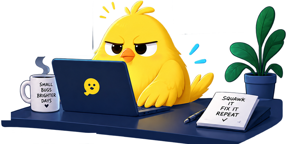 A grumpy yellow bird at a laptop, with a mug, a notebook, and a plant on the desk
